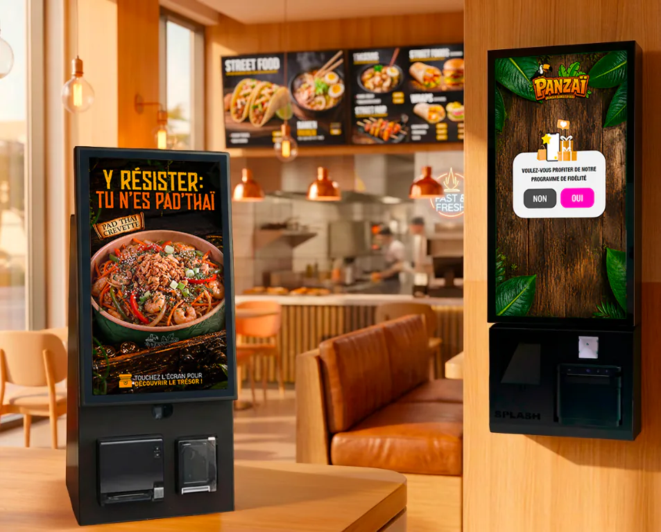 Bornes de commande Splash360 au comptoir et murale dans un restaurant