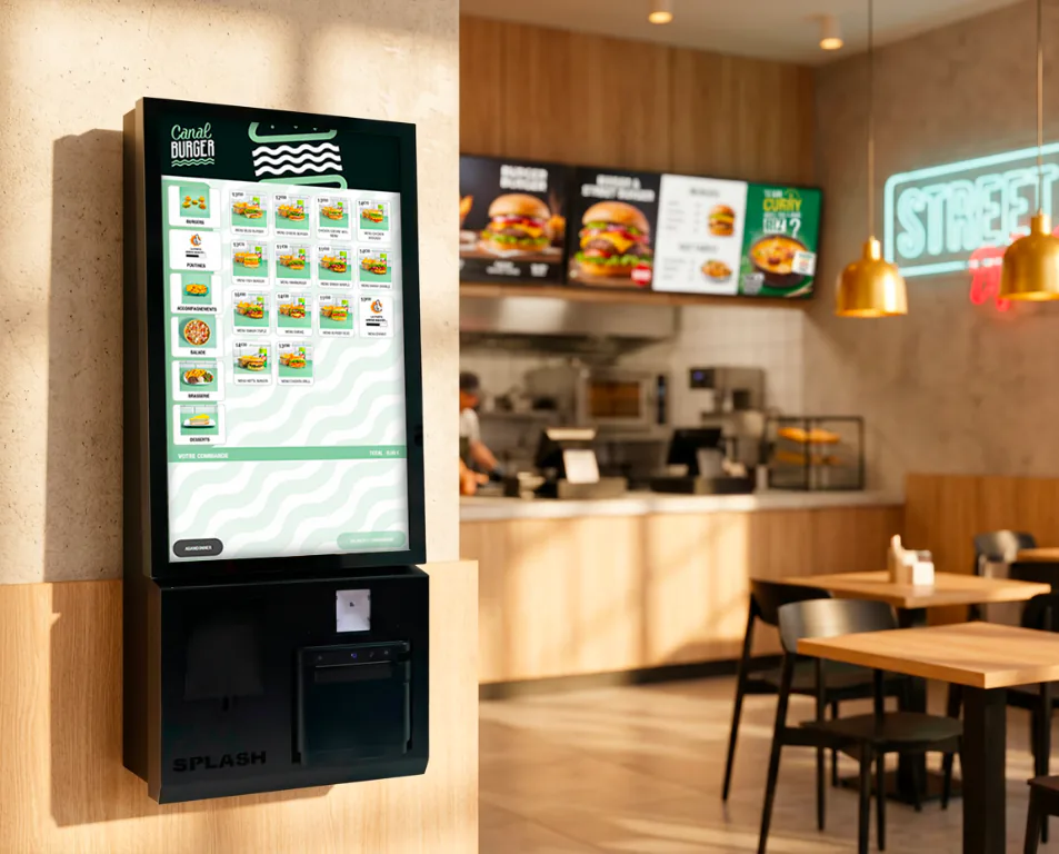 Borne de commande tactile Splash360 sur pied dans un restaurant