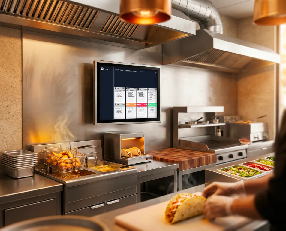 Écran Kitchen Display Splash360 au mur dans une cuisine de restaurant en service