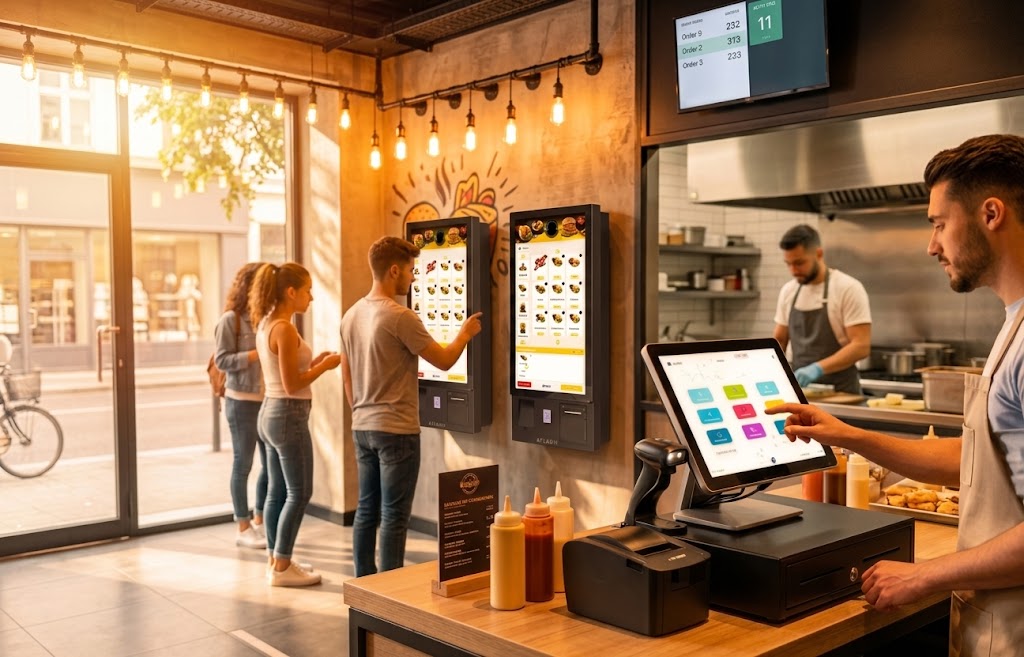 Restaurant équipé Splash360 : caisse tactile et bornes de commande en service